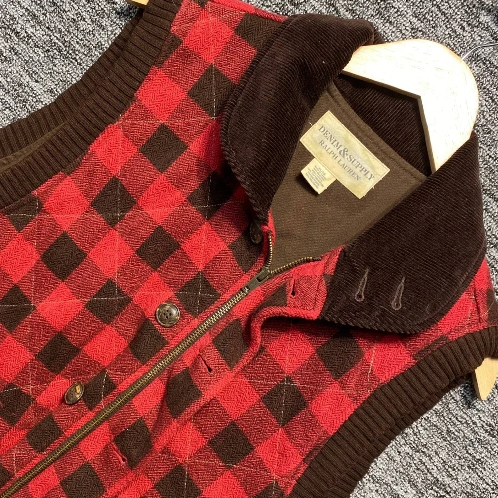 Denim Supply Ralph Lauren Plaid Quilted Vest Mens XL Red Black Buffalo Corduroy